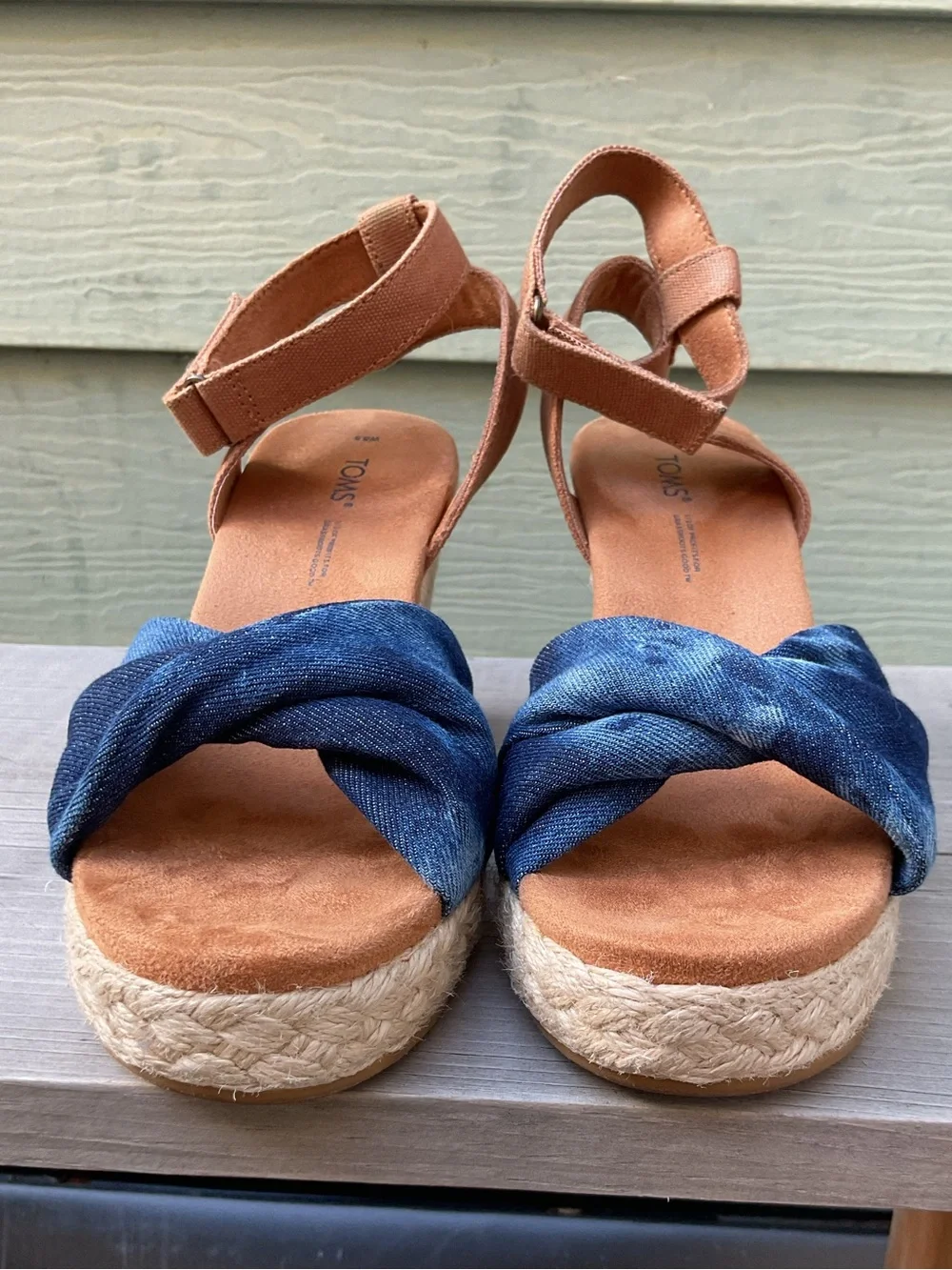 Toms Denim Blue Twist and Tan Espadrille Wedge Sandals